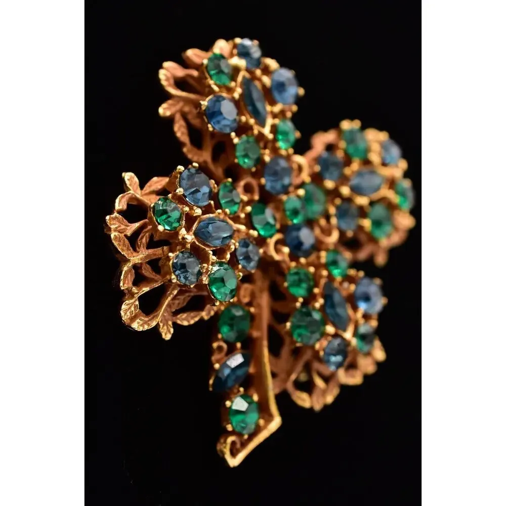 BSK Vintage Crystal Clover Pin Brooch Green Blue Rhinestone Gold Signed BinBG